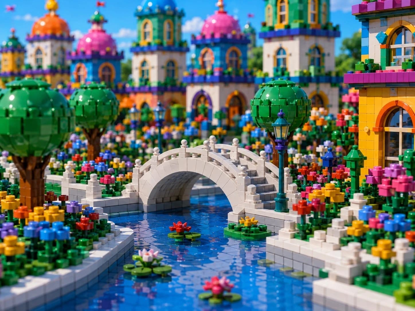A white bridge connecting colorful Creator Clubs buildings across a garden canal