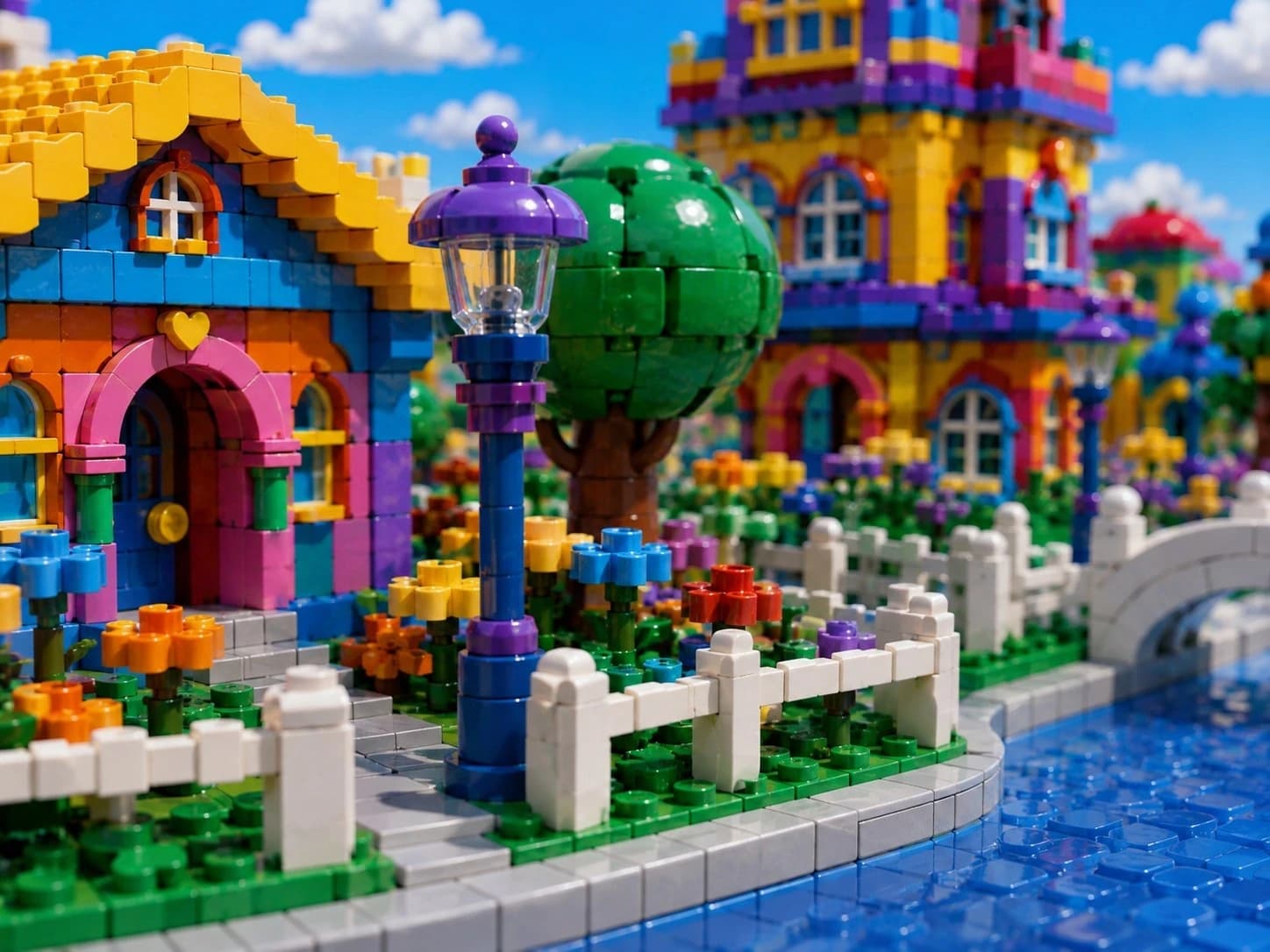 A colorful Social Keys district beside a canal, garden path, and white bridge