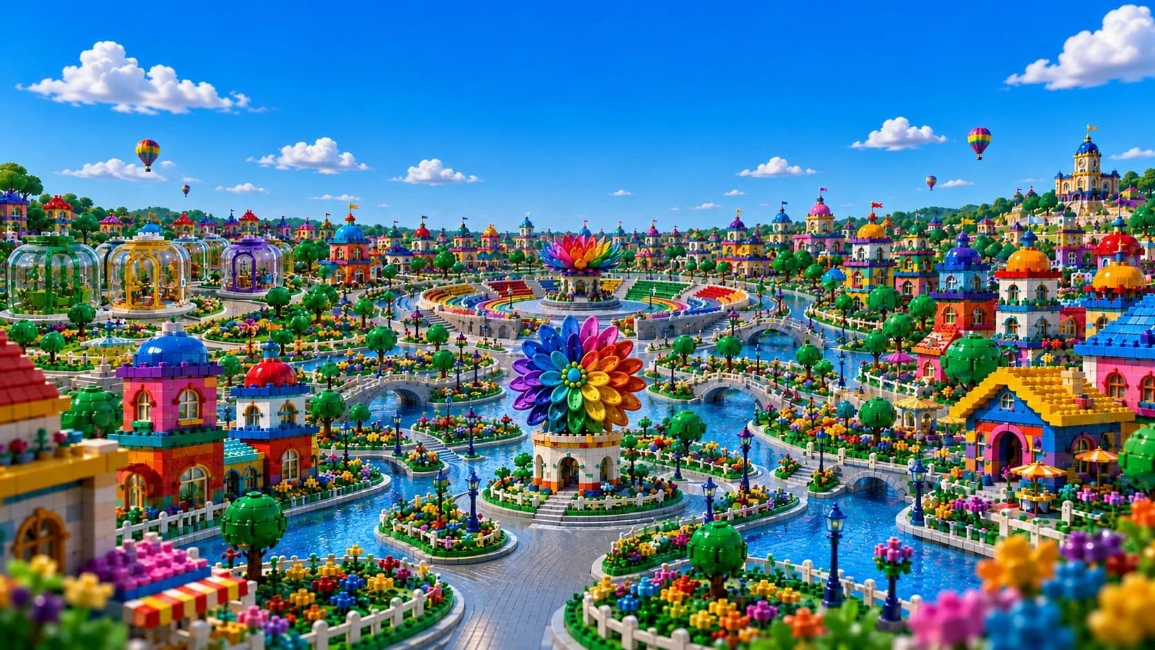 The unified Sync World with private glass rooms, a creator amphitheater, colorful social districts, and connecting waterways